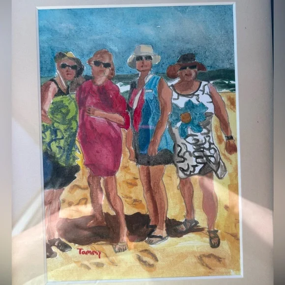 Original Watercolor Ladies Day At The Beach Signed Professional Framed 11x14 - Picture 2 of 4